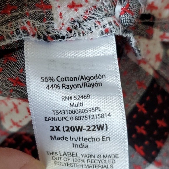 BUFFALO CHECK RUFFLE TOP SIZE PLUS 2X BLACK WHITE RED LONG SLEEVE COTTON - Picture 8 of 10